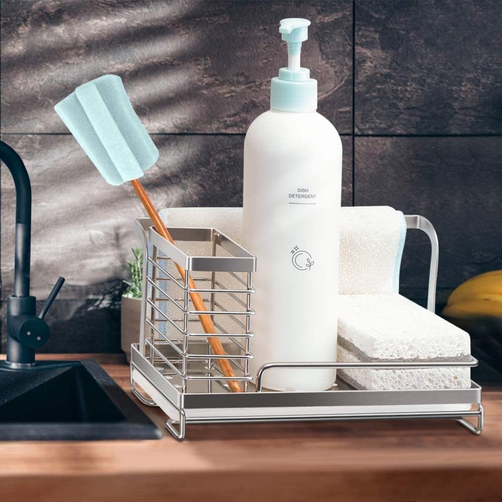 NIB Sink Caddy Organizer Sponge Soap Brush Holder with Drain Pan